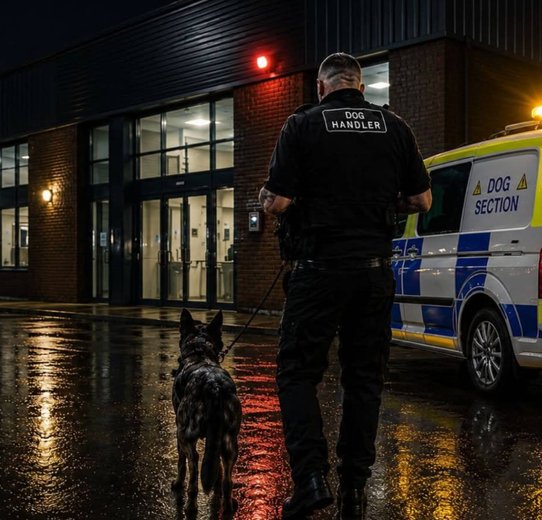A police officer and his dog are positioned in front of a building, representing their collaboration in maintaining public security.